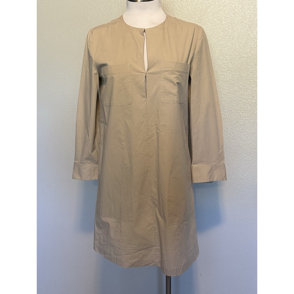 Theory Jullitah B Split-Front Poplin Tunic Dress 3/4 Sleeve Tan Pockets Size 2 - Picture 2 of 11